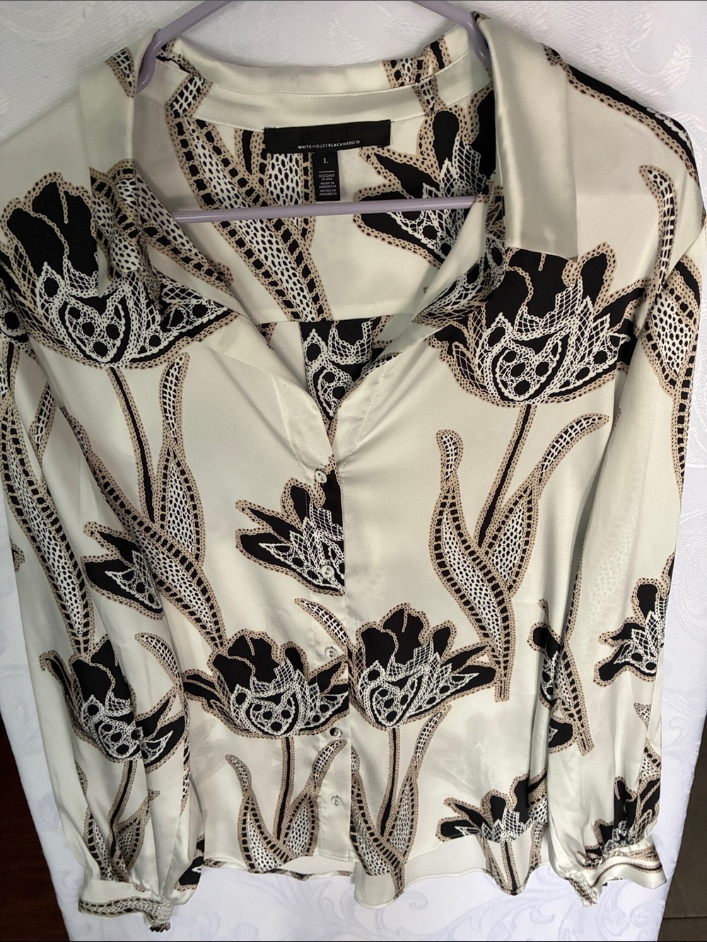 White House Black Market Cream and Black Floral Button-Down Blouse